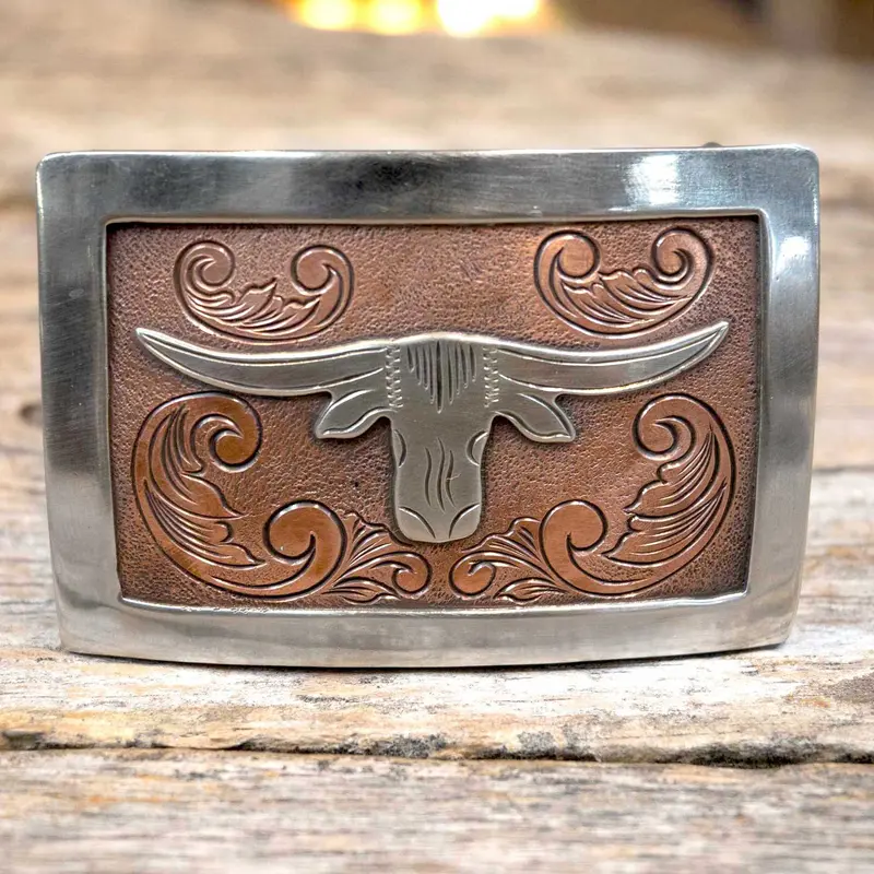 Turtle Jones Engraved Copper Longhorn Buckle