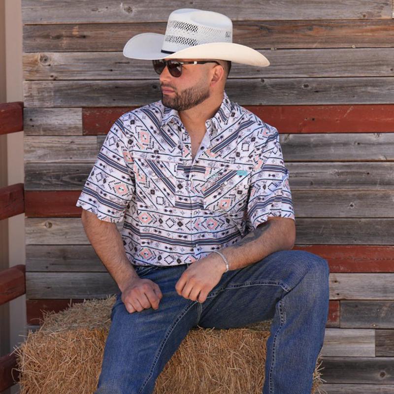 Peach, Grey and Turquoise Aztec Short Sleeve Shirt