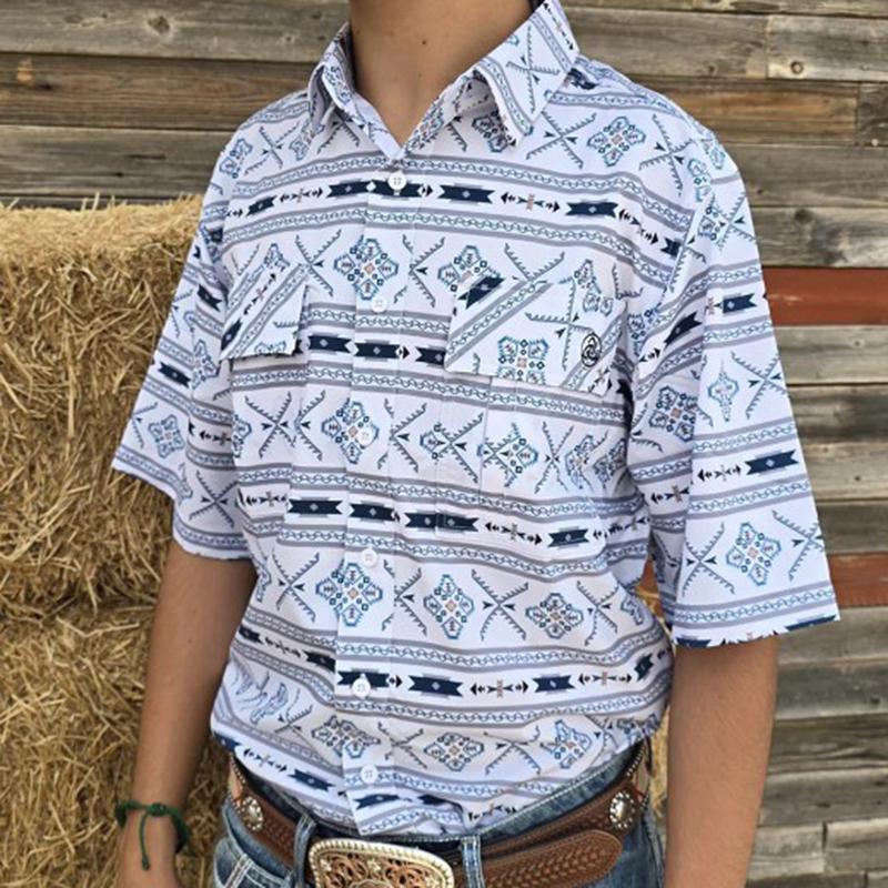 White and Teal Aztec Short Sleeve Shirt