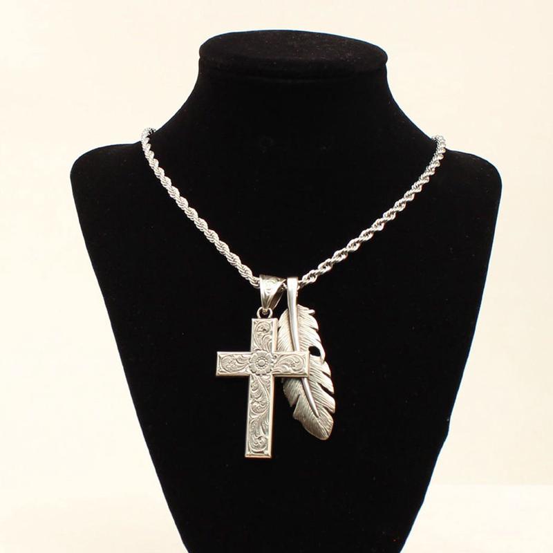 Cross and Feather Pendant Necklace