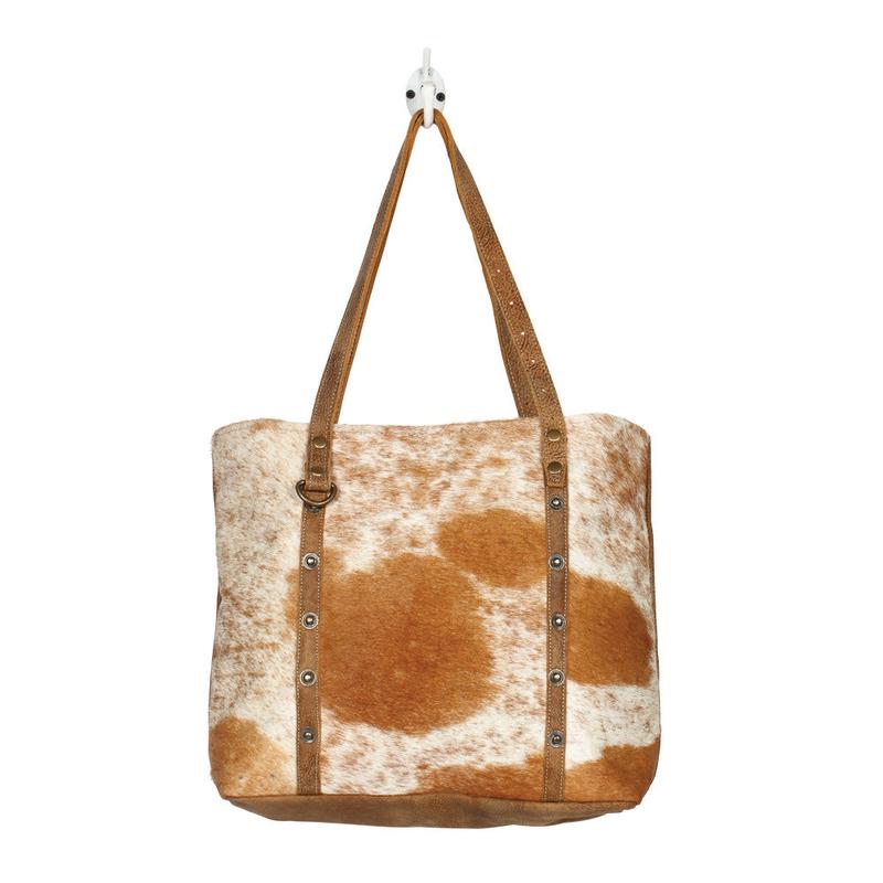 Tan and White Hide Button Tote Bag