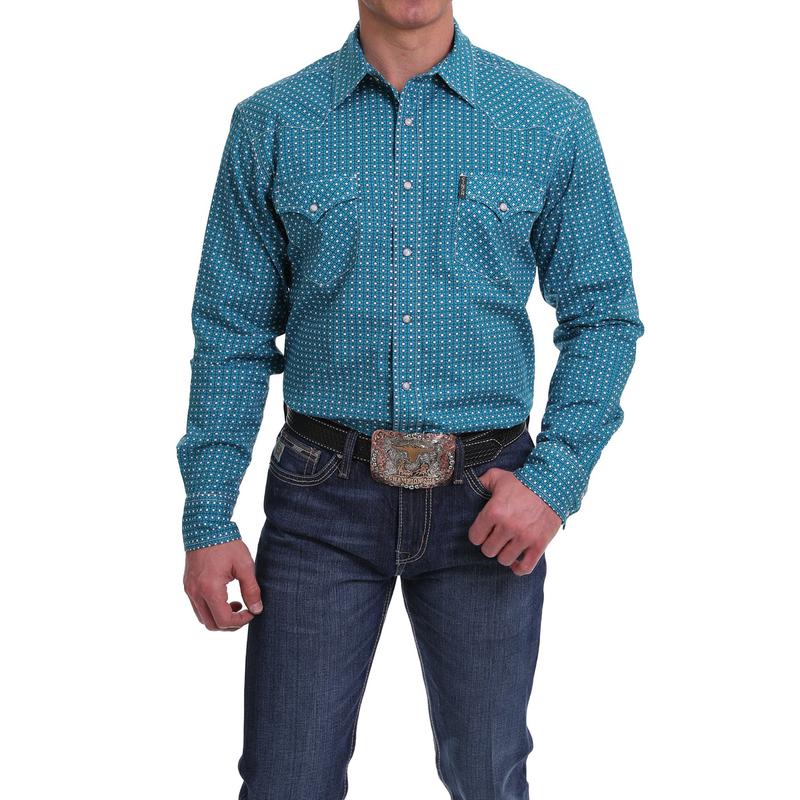 Cinch Men's Blue Pattern Long Sleeve w/ Marble Snaps
