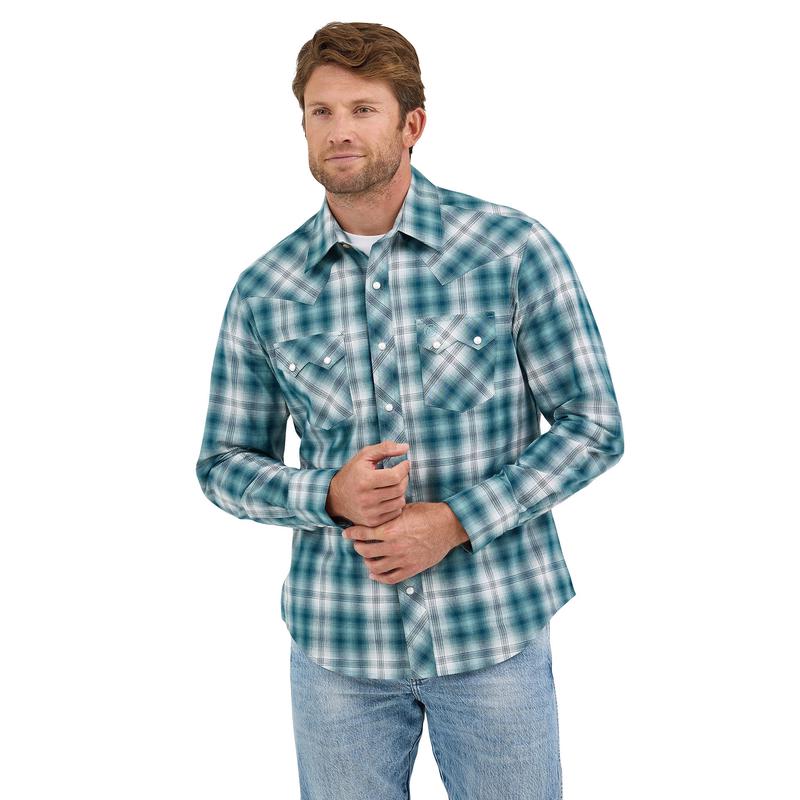 Wrangler Men's Teal Plaid Western Long Sleeve Shirt