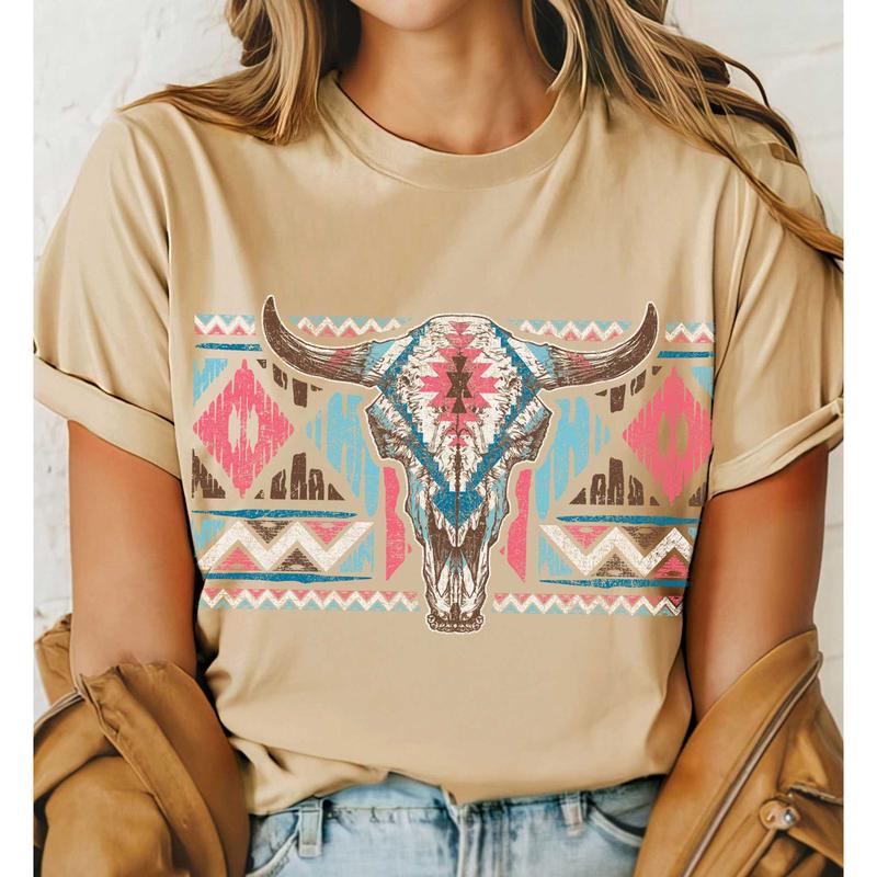 Tan Aztec Steer Head Skull Tee