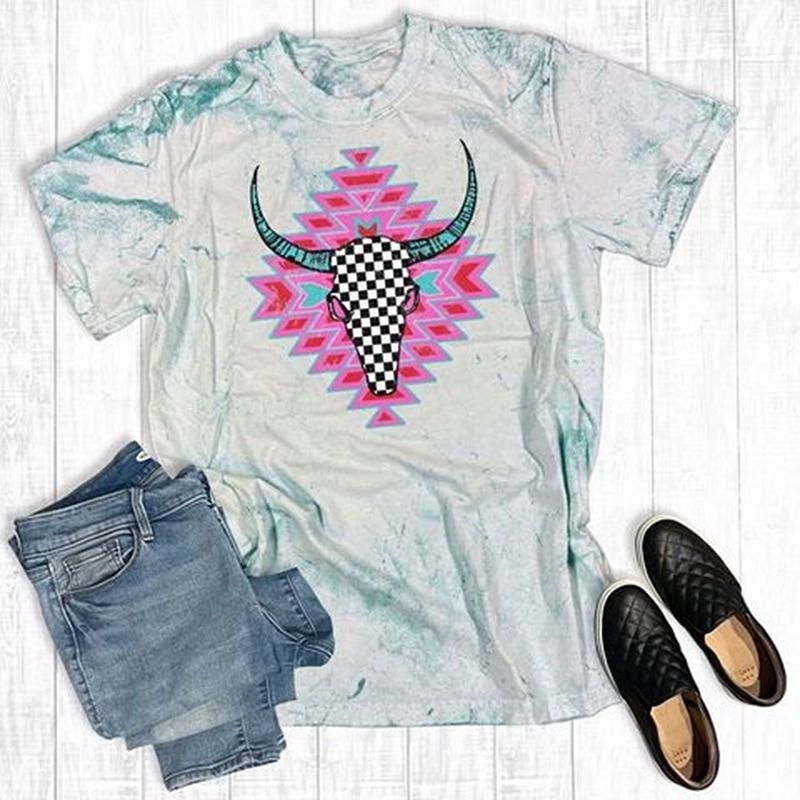 Checkered Skull Pink Aztec Sea Glass Tee