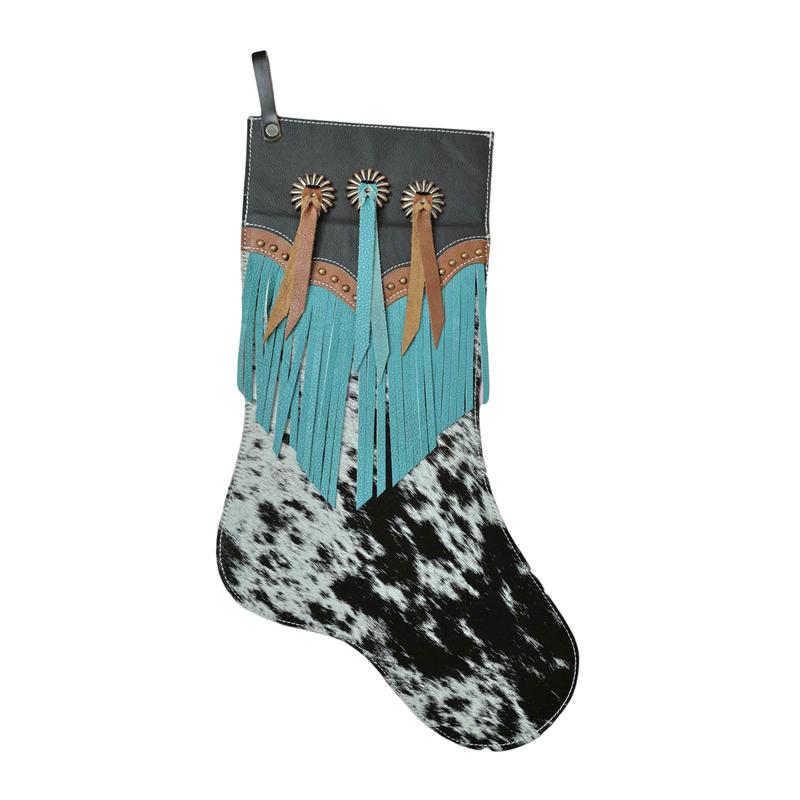 Showman Cowhide Christmas Stocking with Turquoise Fringe