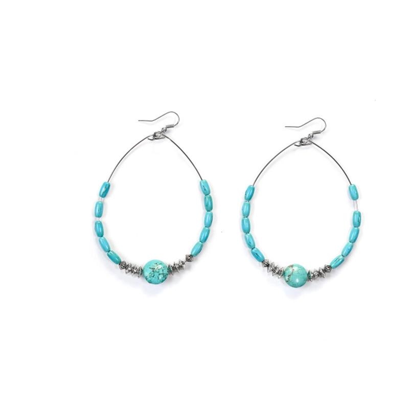 4" Green Turquoise & Silver Disc Beaded Hoop Earrings