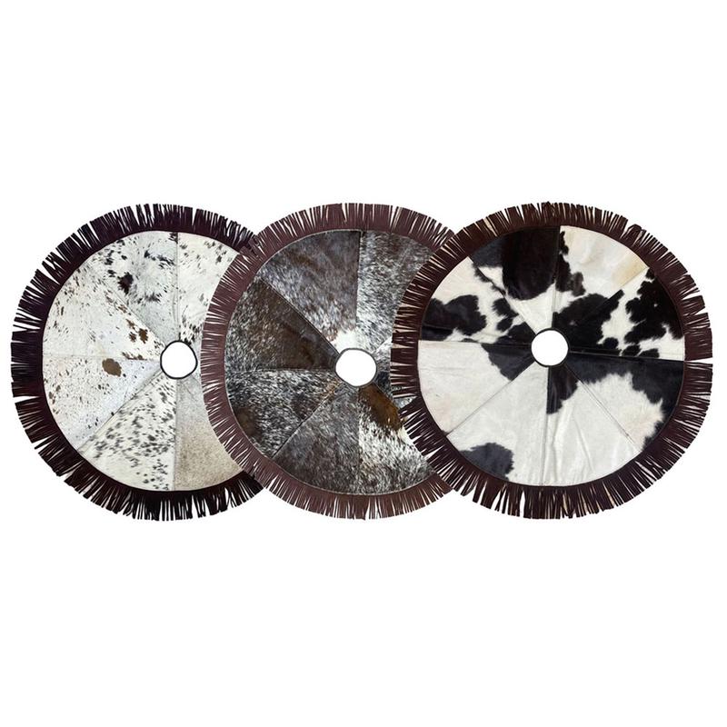 Cowhide Christmas Tree Skirt with Fringe Trim
