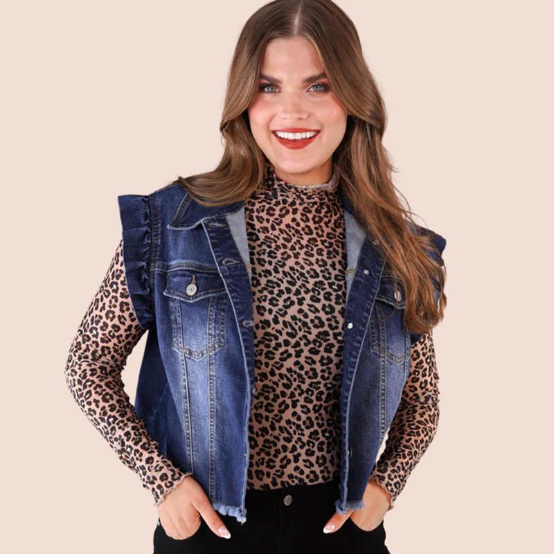 Women's Denim Ruffled Cap Sleeve Vest