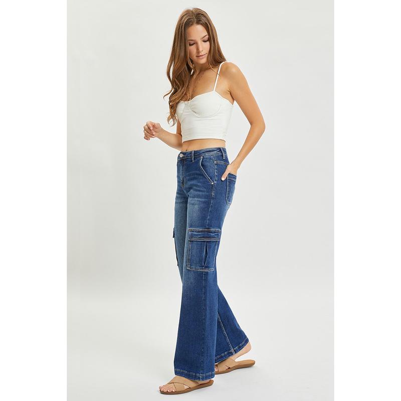 Risen Women's Dark Wash High Rise Wide Leg Cargo Jeans