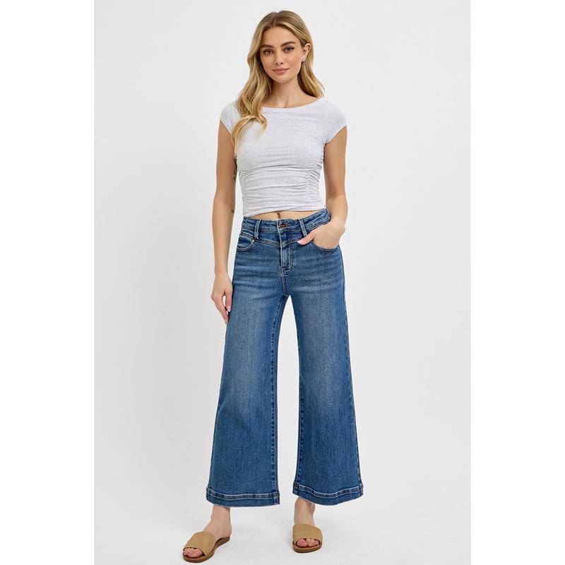 Risen Women's High Rise Flare Yoke Crop Jeans
