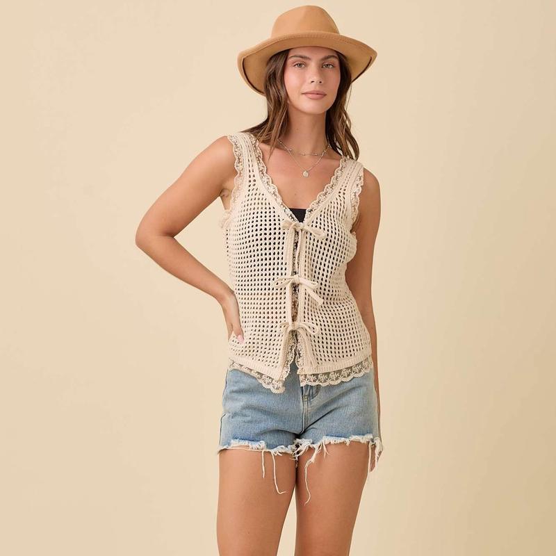 Women's Natural Crochet Vest With Front Ties