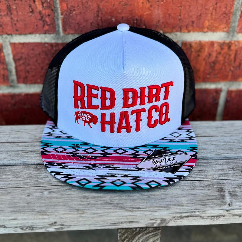Red Dirt White & Black Cap With Aztec Tribal Brim