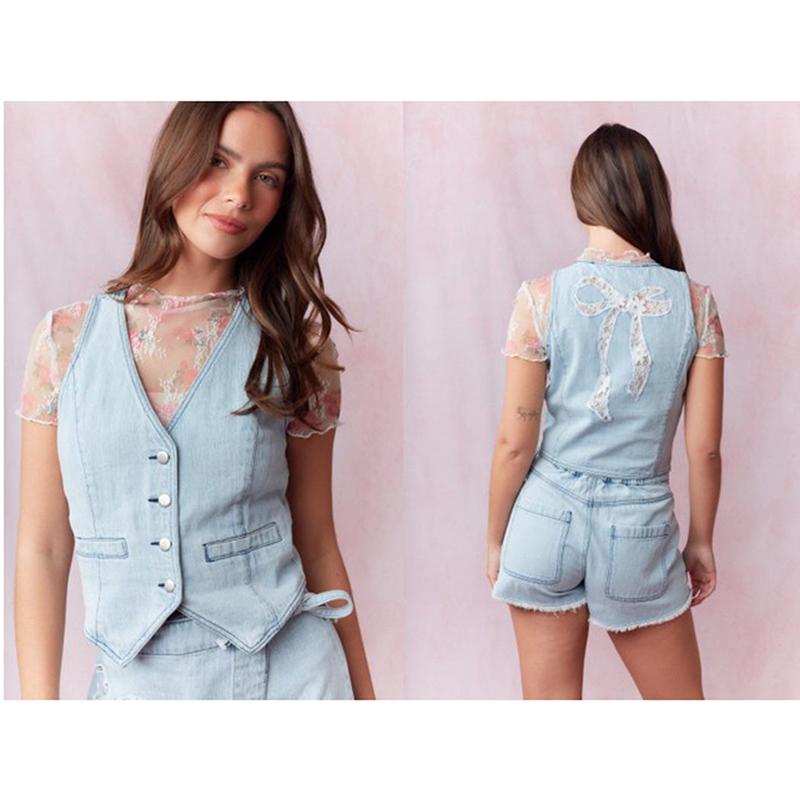 Denim Vest with a Lace Bow on the Back