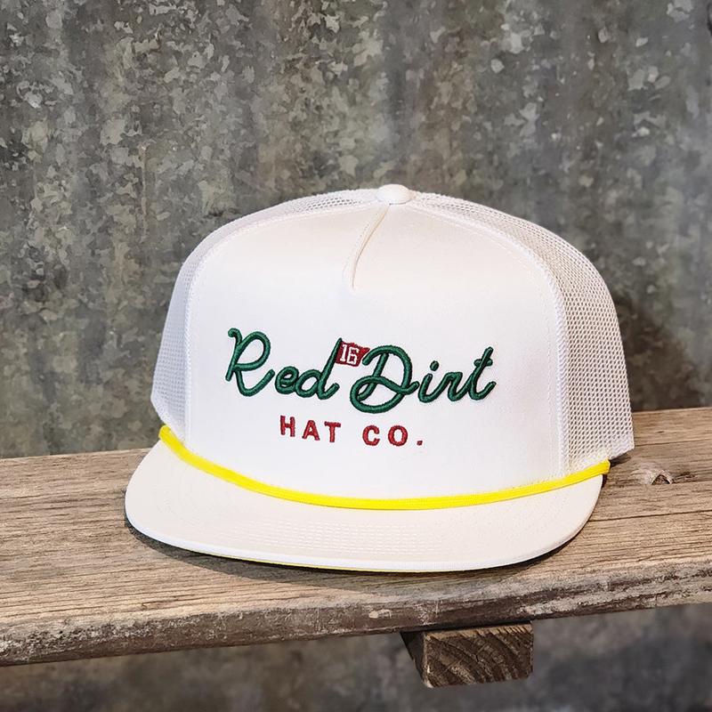 Red Dirt White Cap with Yellow Rope Green Writing (Birdie)