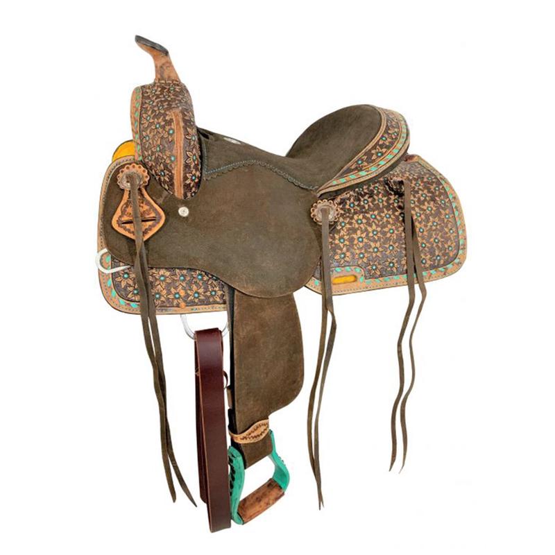Double T Youth Teal With Flower Design Barrel Saddle