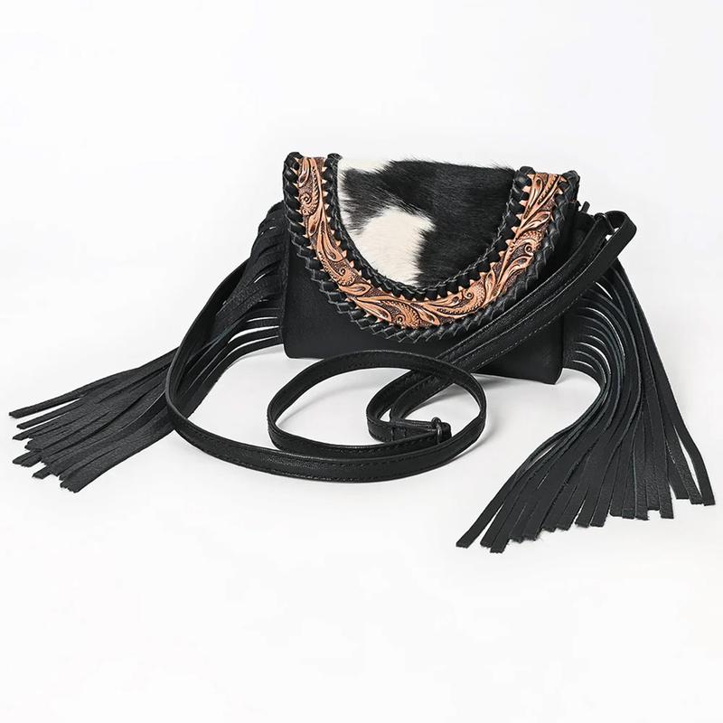American Darling Black Cowhide Leather Fringe Crossbody