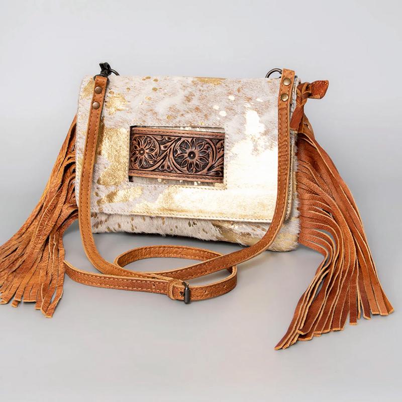 America Darling Gold Speckled Hide Fringe Purse