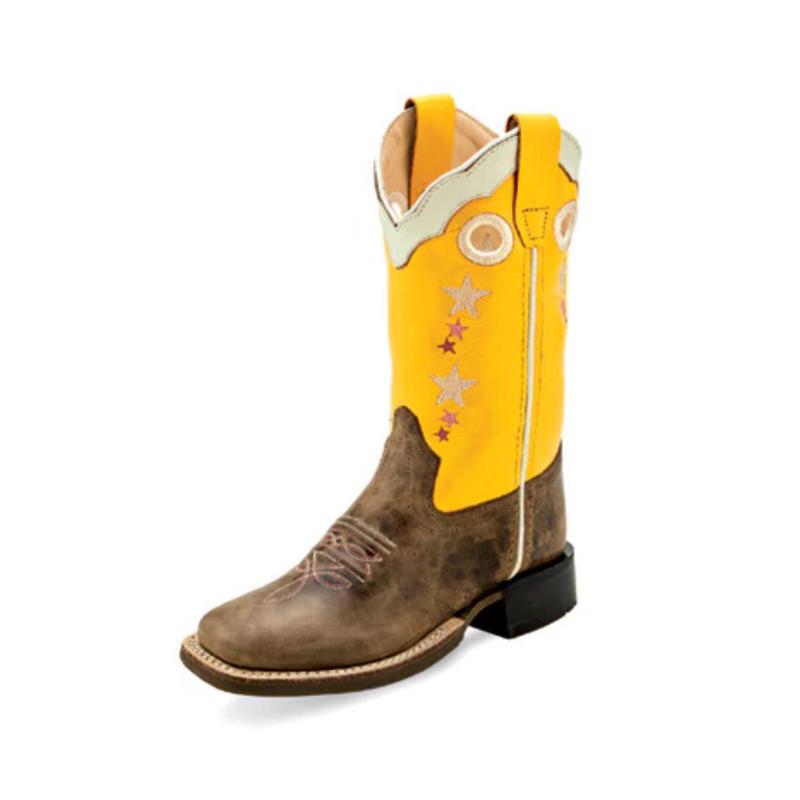 Old West Kid's Brown/Yellow Square Toe Boots With Stars