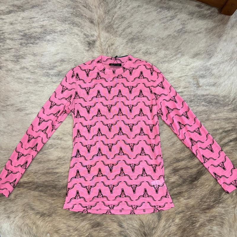 Pink Cow Skull Mesh Top